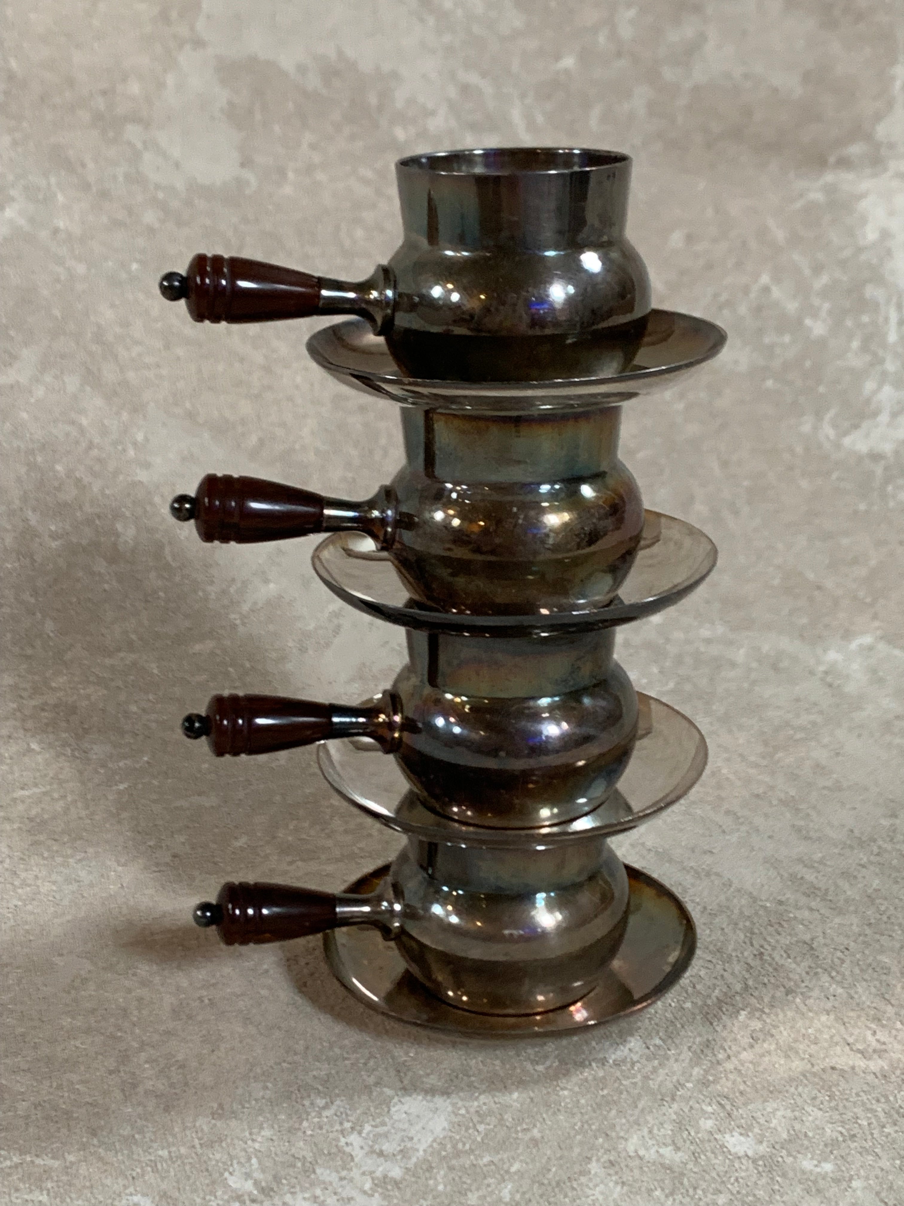 Set of Four French Silver-Plated Bouillon Cups with Wooden Handles and Saucers
