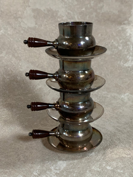 Set of Four French Silver-Plated Bouillon Cups with Wooden Handles and Saucers