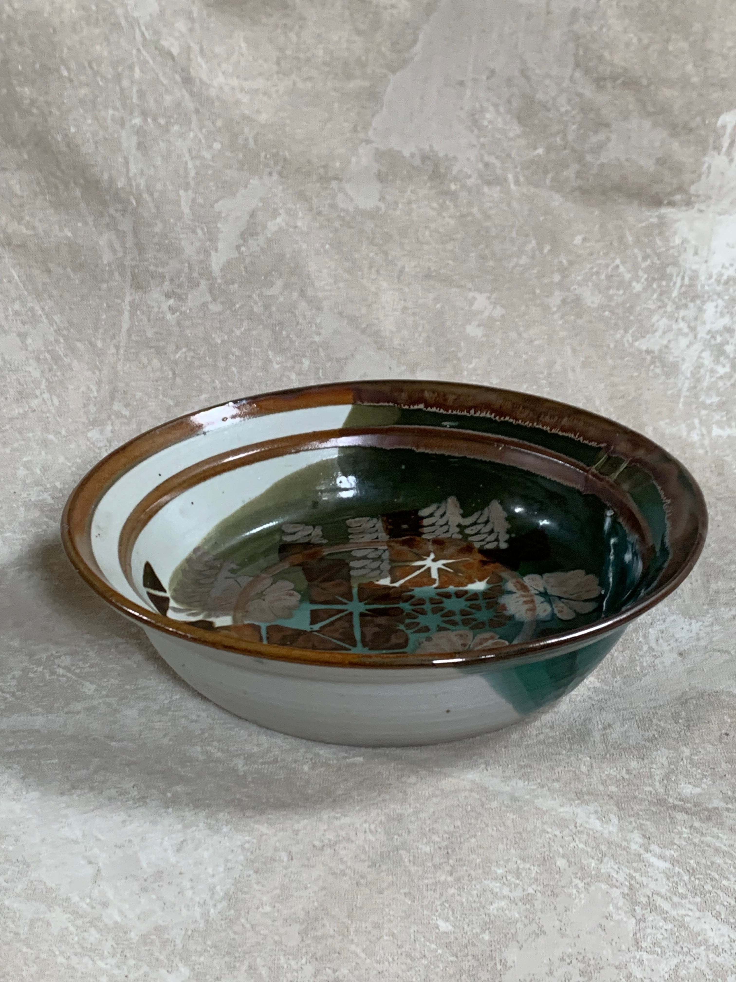 Apple Lane Pottery Bill Nagengast Serving Bowl | Wax Resist Botanical | Forest Green & Walnut | Original Bloomfield Hills Studio | July 1976 | Michigan Studio Porcelain