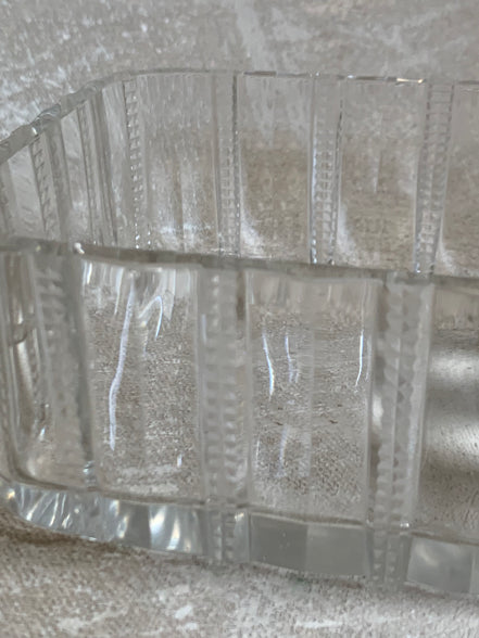 Victorian Pressed Glass Covered Box | Silver Plate Fish Finial Lid | Engraved Cartouche Mount | Octagonal Ribbed Body | circa 1880–1910 | Antique Tableware | Collector Glass