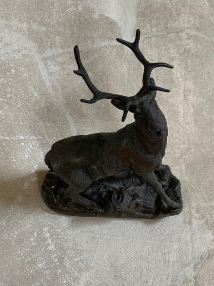 Antique Spelter Bellowing Stag Figurine | French Animalier Style | circa 1880–1910 | Dark Patina Cast Metal | Naturalistic Rocky Base | European Wildlife Sculpture | Mantel Decor