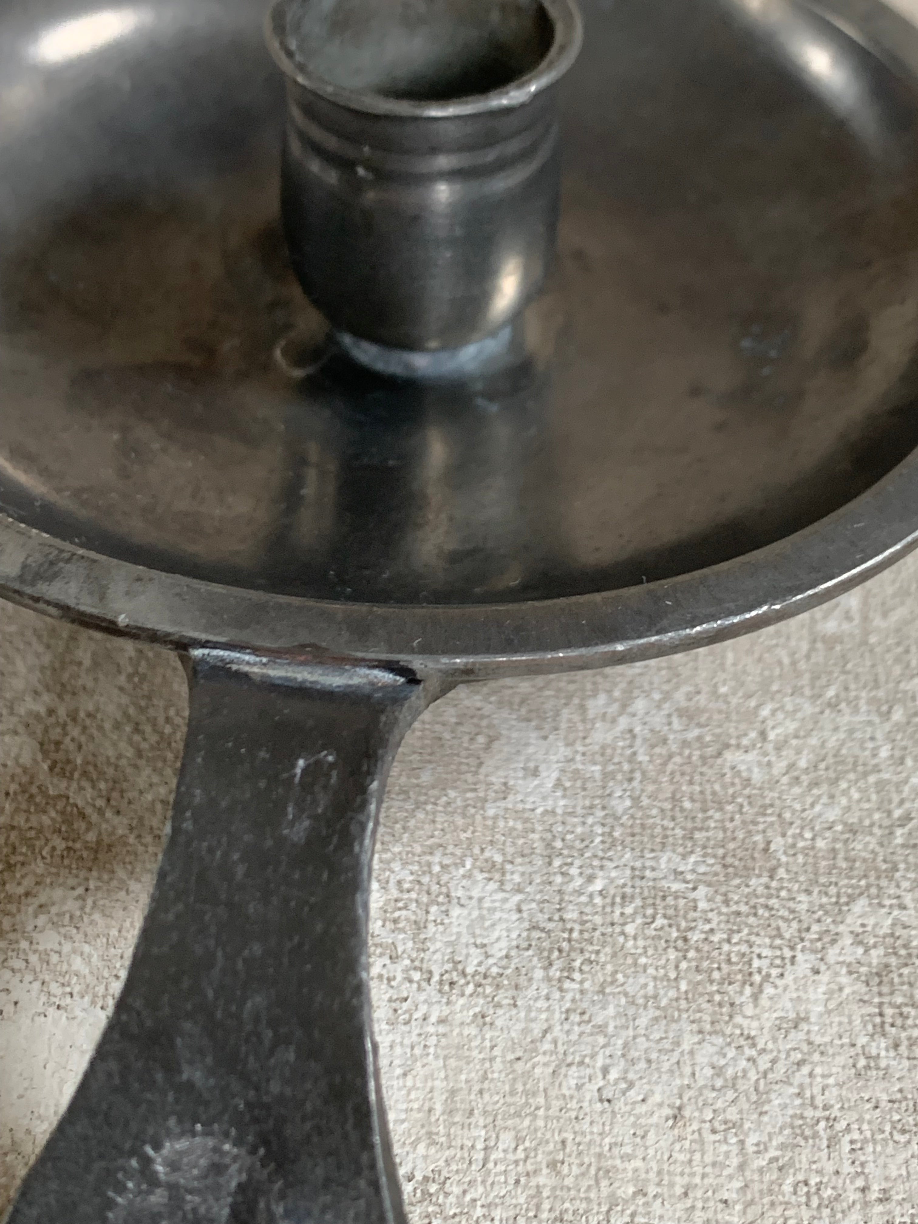 Antique Pewter Chamber Candlestick | Paddle Handle | Drip Tray | Struck Touch Mark | Taper Candle Holder | Colonial Style | American or English Pewter