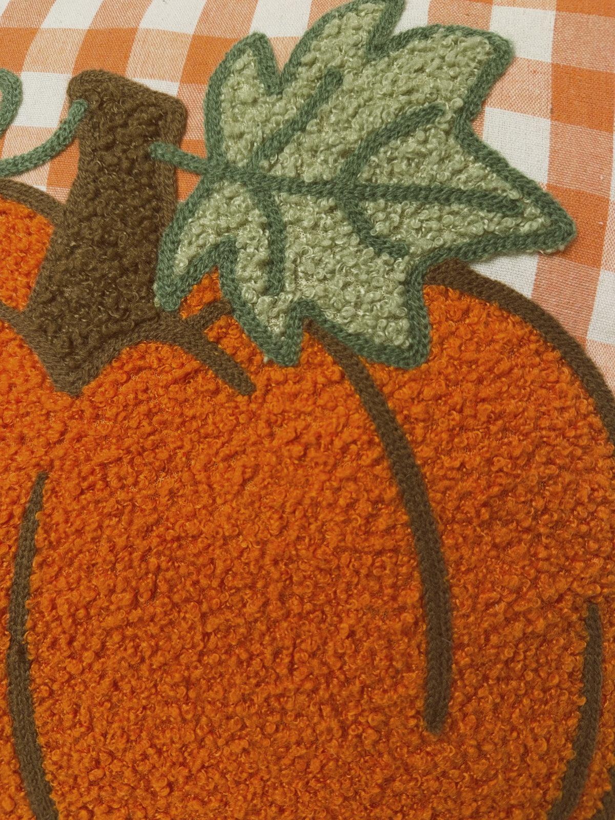 Orange Gingham Pumpkin Throw Pillow, Scalloped Green Trim
