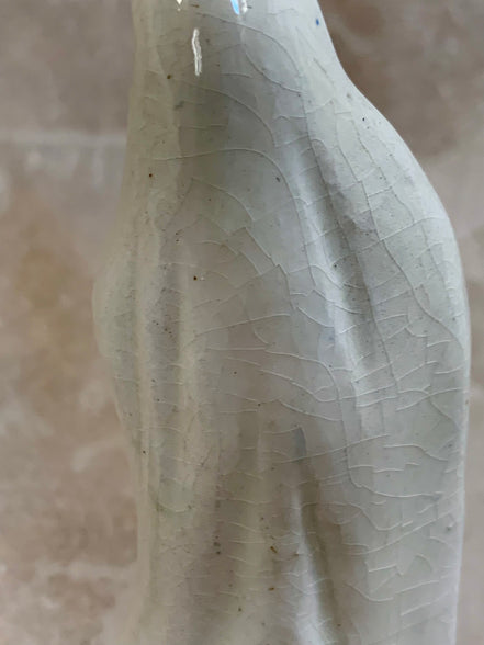 Prayer hands detail on ceramic Our Lady of Fatima — Jalisco workshop, 1950s
