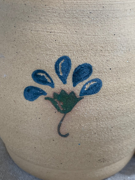 Hand-Thrown Stoneware Pitcher | Cobalt Blue Folk Botanical | Ruffled Rim | American Studio Pottery | Buff Clay | Signed | 1970s–1990s Craft Revival