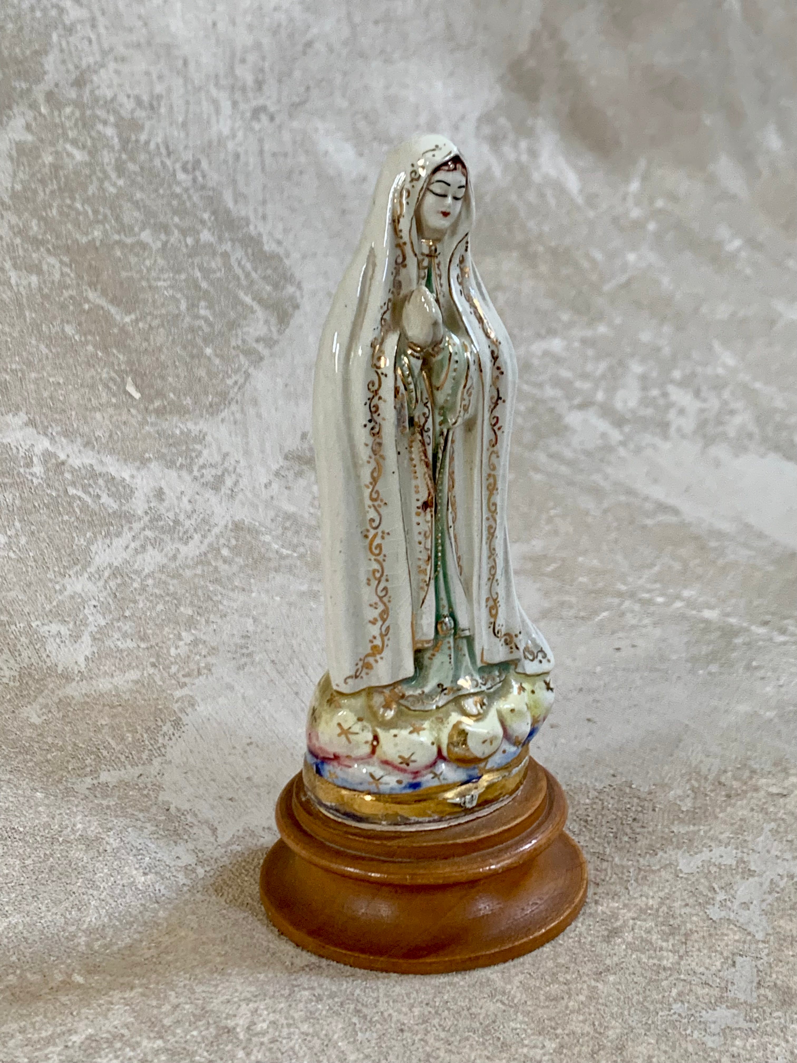 Cloud and crescent moon base with gold stars on ceramic Fatima figurine — Jalisco Mexico