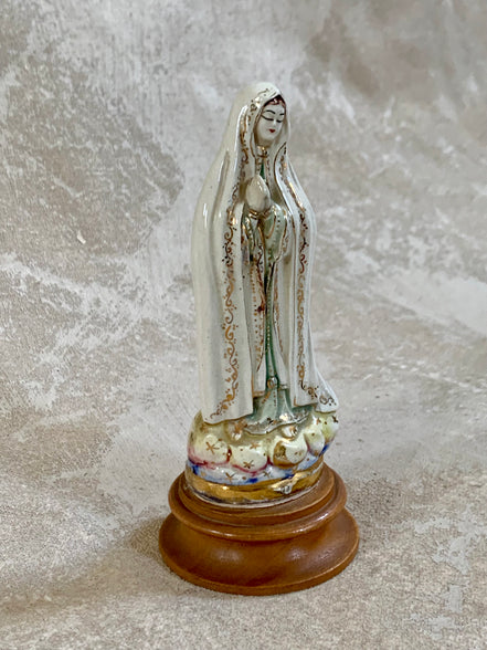 Cloud and crescent moon base with gold stars on ceramic Fatima figurine — Jalisco Mexico