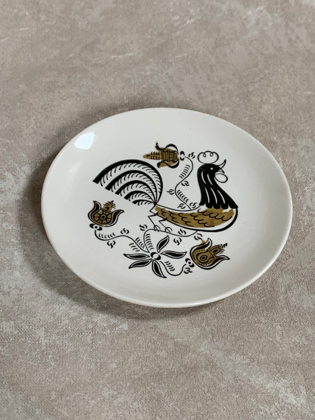 Mid-Century Folk Art Rooster Plate | Black & Mustard Gold Transfer | Pennsylvania Dutch Motif | Salad Plate | Farmhouse Decor | American Dinnerware | circa 1950s–1960s