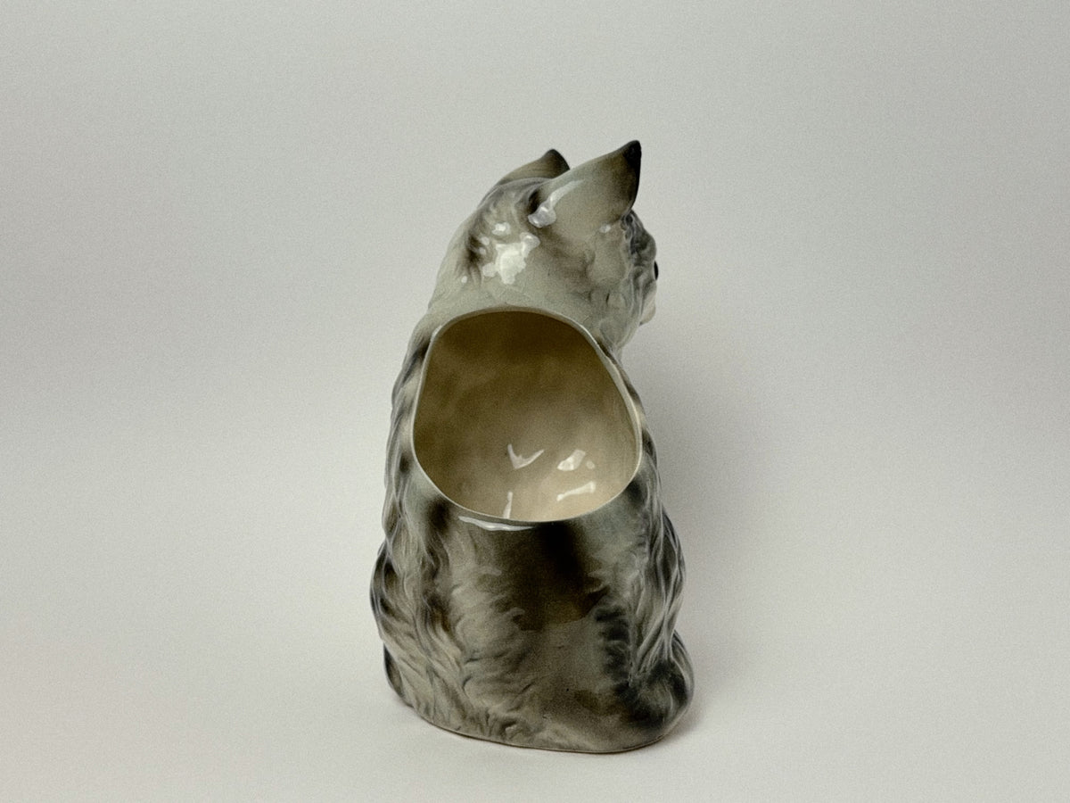 Vintage Ceramic Kitten Figurine with Glass Eyes, Gray and White