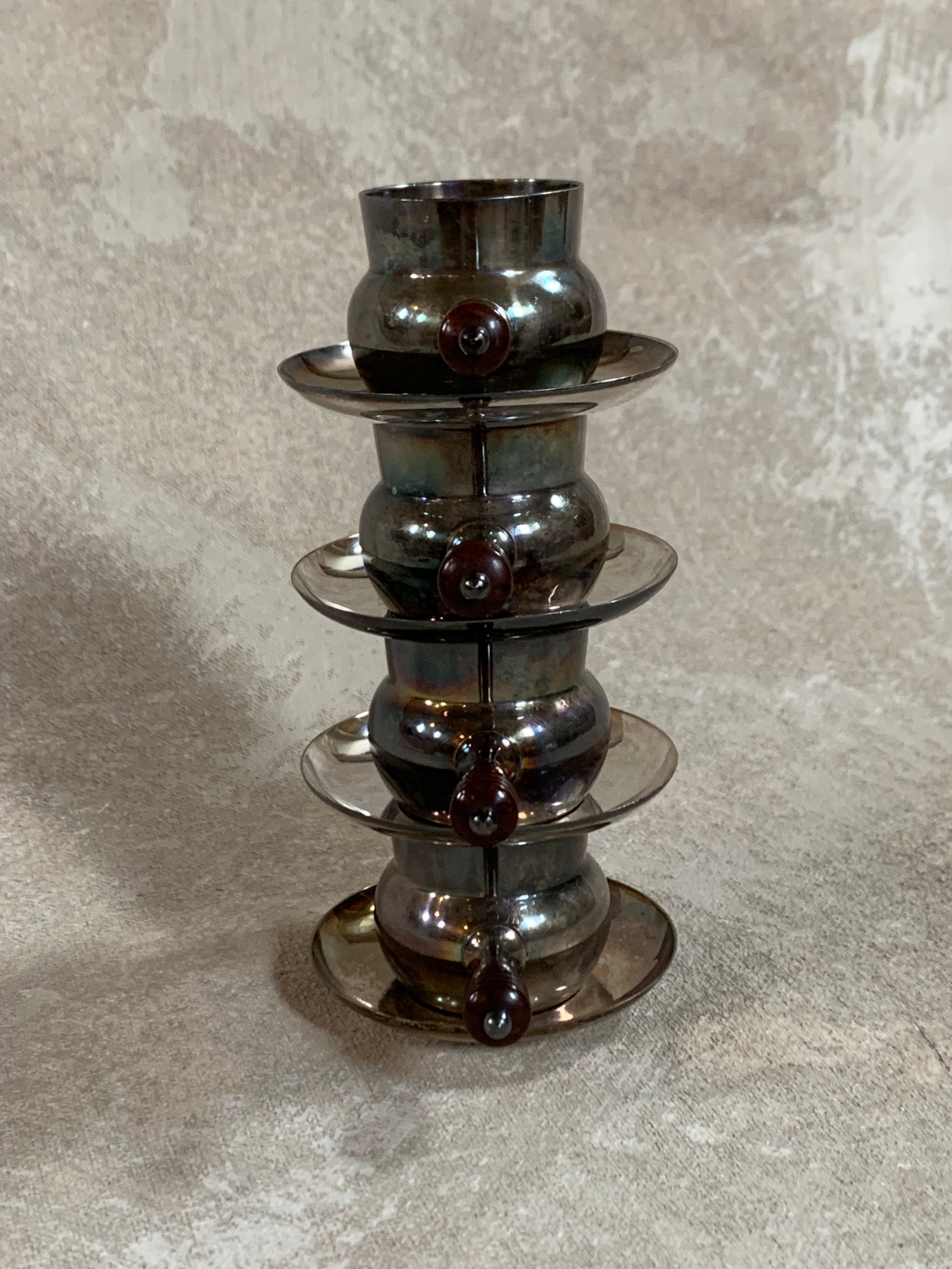 Set of Four French Silver-Plated Bouillon Cups with Wooden Handles and Saucers