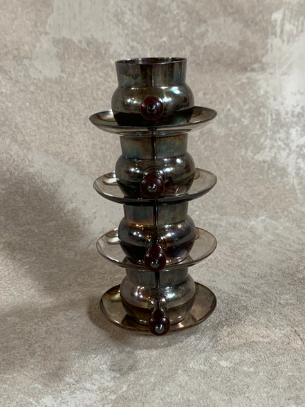Set of Four French Silver-Plated Bouillon Cups with Wooden Handles and Saucers