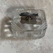 Victorian Pressed Glass Covered Box | Silver Plate Fish Finial Lid | Engraved Cartouche Mount | Octagonal Ribbed Body | circa 1880–1910 | Antique Tableware | Collector Glass