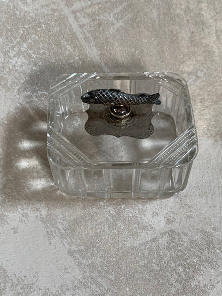 Victorian Pressed Glass Covered Box | Silver Plate Fish Finial Lid | Engraved Cartouche Mount | Octagonal Ribbed Body | circa 1880–1910 | Antique Tableware | Collector Glass