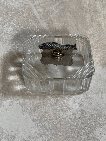 Victorian Pressed Glass Covered Box | Silver Plate Fish Finial Lid | Engraved Cartouche Mount | Octagonal Ribbed Body | circa 1880–1910 | Antique Tableware | Collector Glass