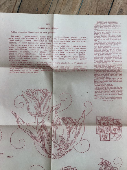 Vintage Hot Iron Transfer #3698 "Flowers with Scrolls," Uncut, 8 Flower Quilt Block Embroidery Pattern (Attributed to Aunt Martha's)