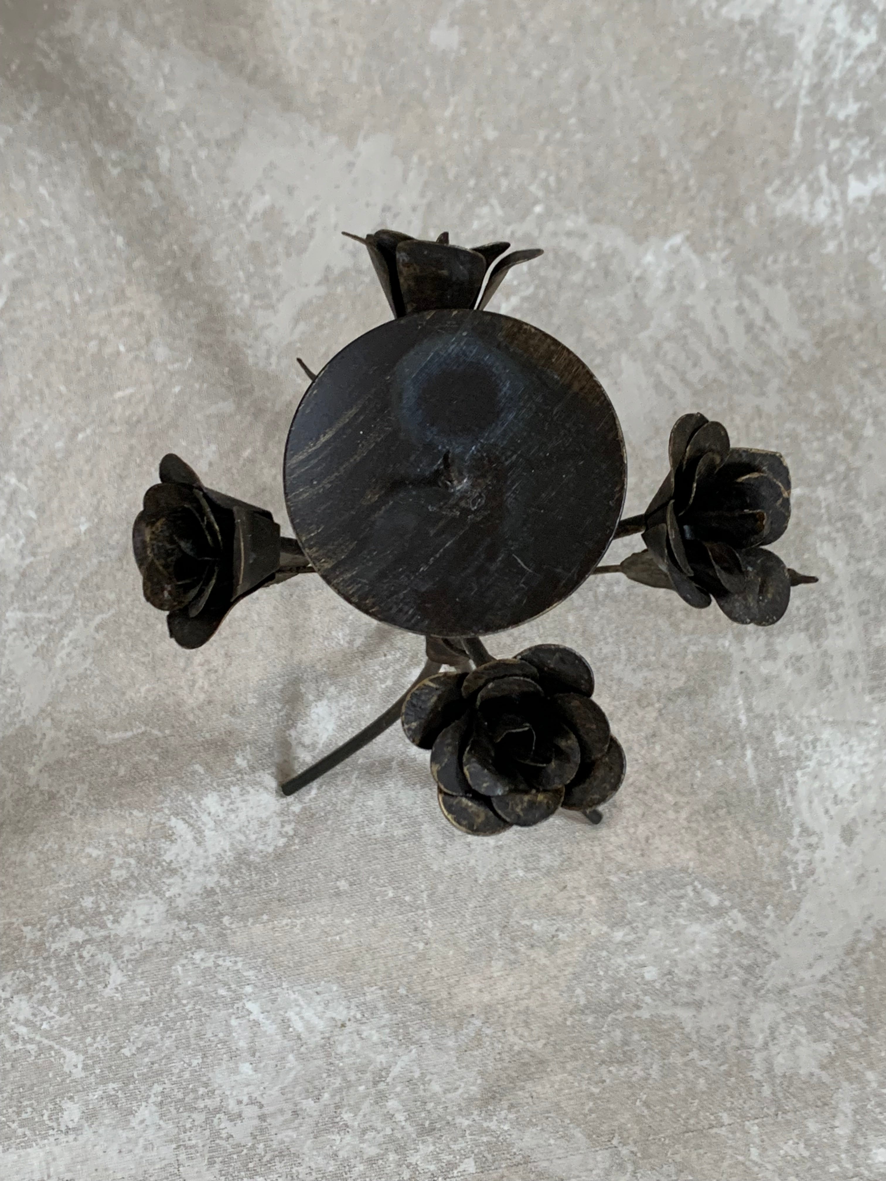 Hand-Fabricated Iron Rose Candleholder | Pillar Candle Spike | Tripod Bouquet Base | Wire-Wrapped Stem | Dark Patina | Folk Metalwork | Romantic Gothic Decor