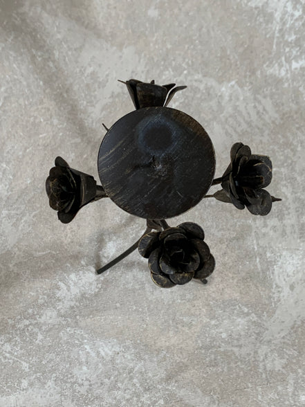 Hand-Fabricated Iron Rose Candleholder | Pillar Candle Spike | Tripod Bouquet Base | Wire-Wrapped Stem | Dark Patina | Folk Metalwork | Romantic Gothic Decor