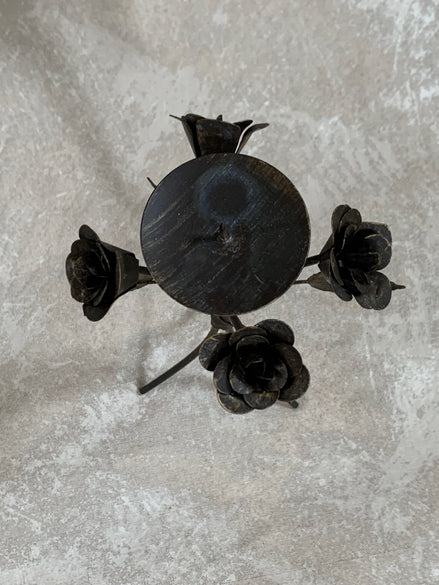 Hand-Fabricated Iron Rose Candleholder | Pillar Candle Spike | Tripod Bouquet Base | Wire-Wrapped Stem | Dark Patina | Folk Metalwork | Romantic Gothic Decor