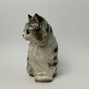 Vintage Ceramic Kitten Figurine with Glass Eyes, Gray and White