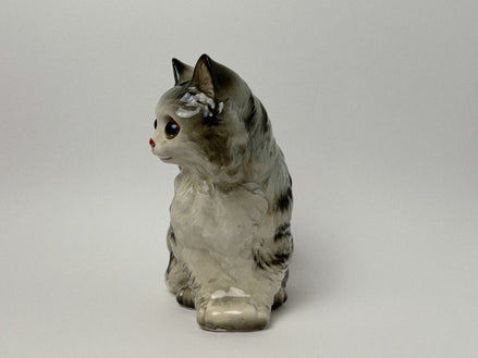Vintage Ceramic Kitten Figurine with Glass Eyes, Gray and White