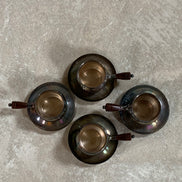 Set of Four French Silver-Plated Bouillon Cups with Wooden Handles and Saucers