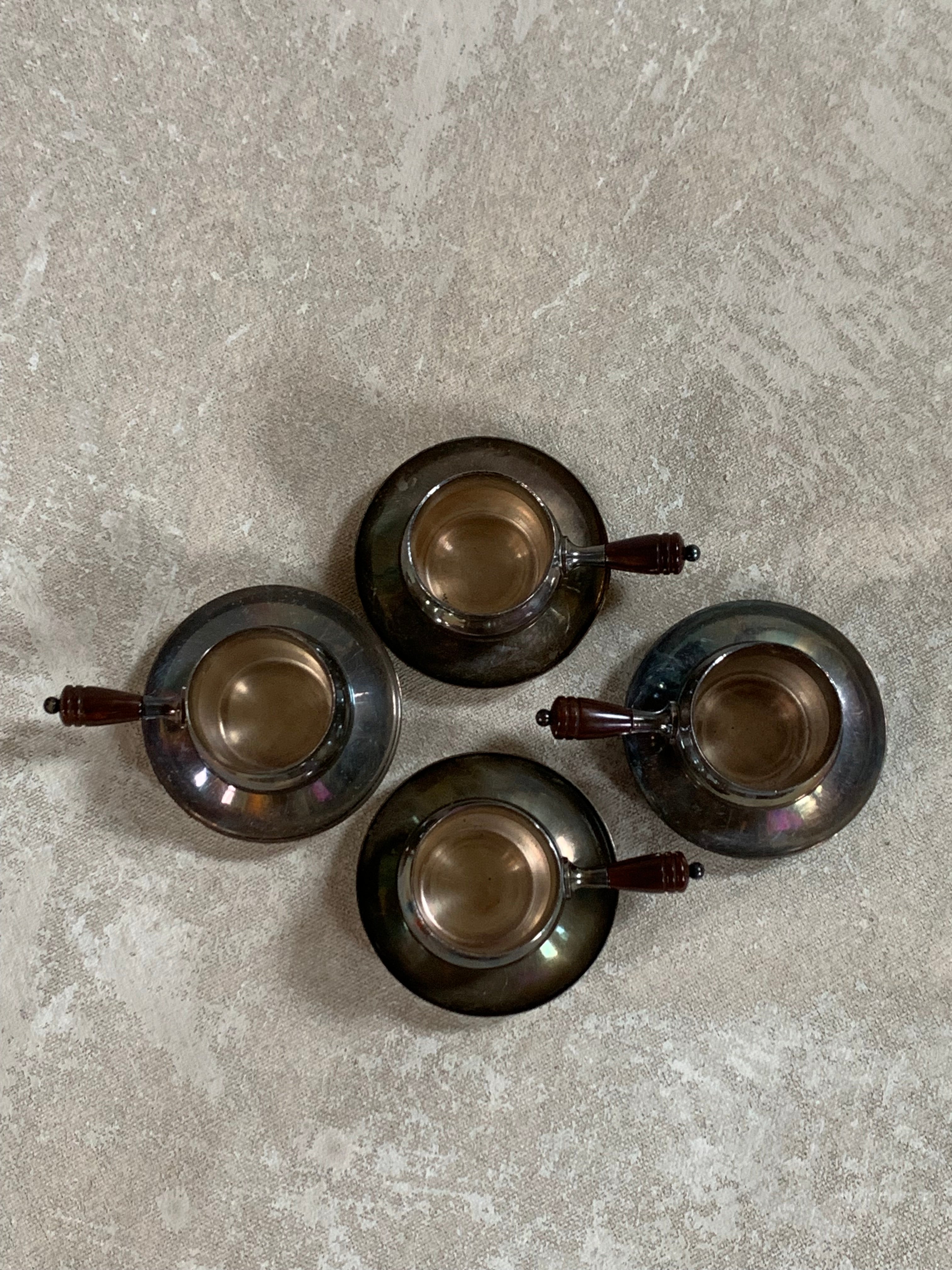 Set of Four French Silver-Plated Bouillon Cups with Wooden Handles and Saucers