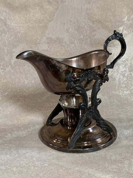 F.B. Rogers Silver Co. Gravy Boat on Rococo Warming Stand, Complete