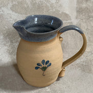 Hand-Thrown Stoneware Pitcher | Cobalt Blue Folk Botanical | Ruffled Rim | American Studio Pottery | Buff Clay | Signed | 1970s–1990s Craft Revival