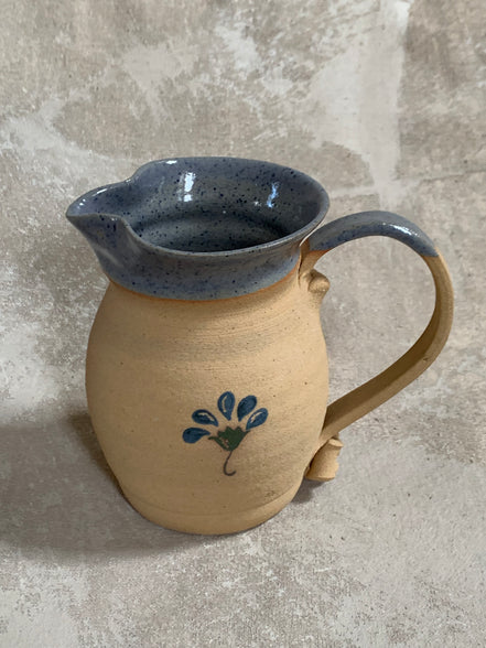 Hand-Thrown Stoneware Pitcher | Cobalt Blue Folk Botanical | Ruffled Rim | American Studio Pottery | Buff Clay | Signed | 1970s–1990s Craft Revival