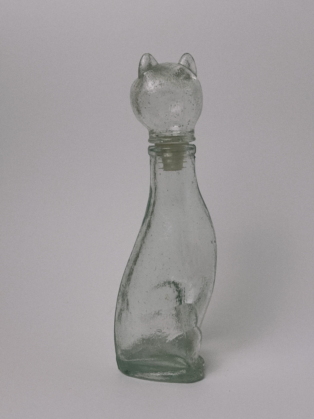 Mid-Century Style Figural Glass Cat Decanter, Green Tint, Made in Taiwan