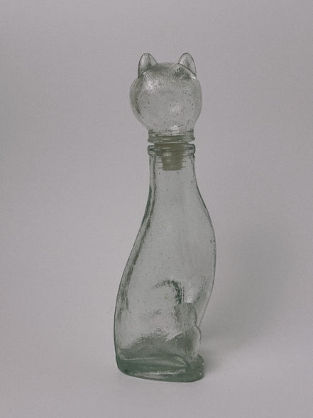 Mid-Century Style Figural Glass Cat Decanter, Green Tint, Made in Taiwan