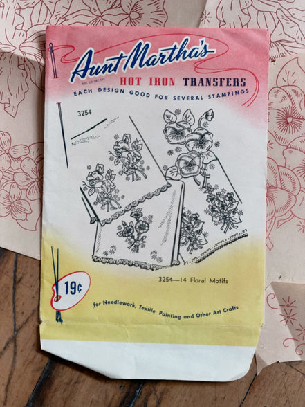 Vintage Aunt Martha's Hot Iron Transfer #3254 "14 Floral Motifs," Pansy, Rose & Sweet Pea Embroidery Pattern with Crochet Edgings