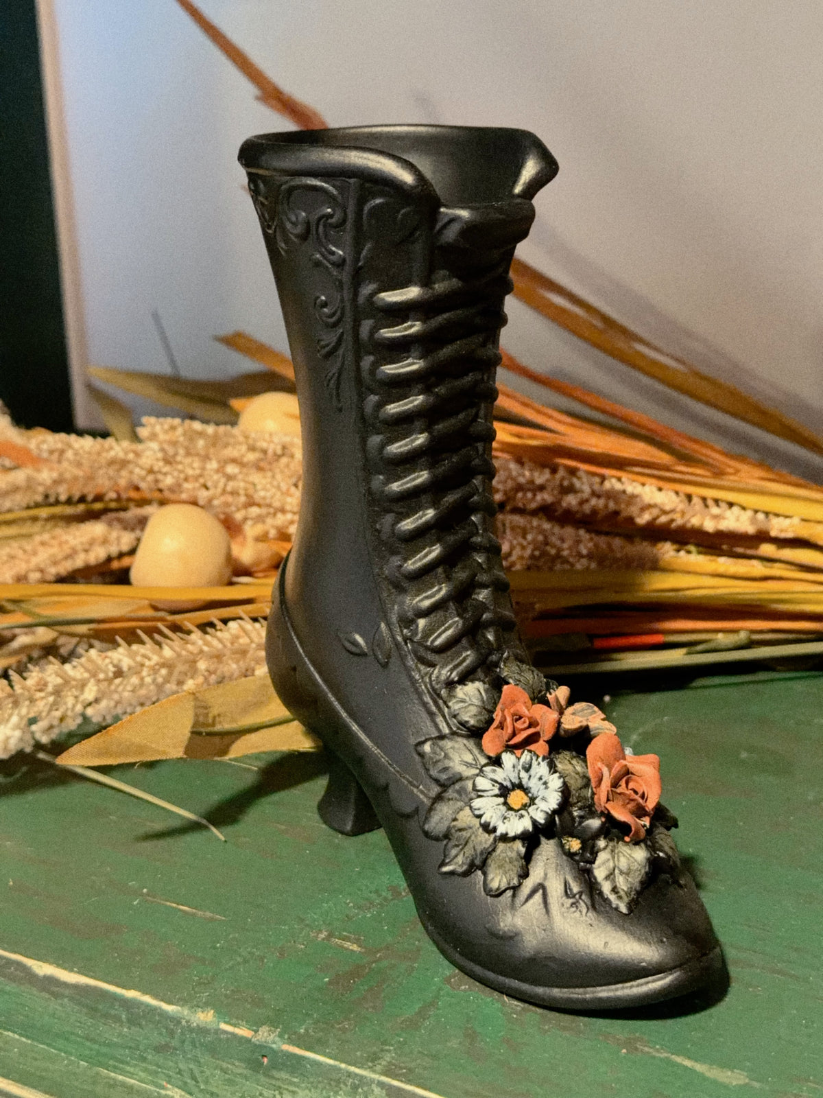 Tall Black Ceramic Lace-Up Boot Vase with Roses and Daisy