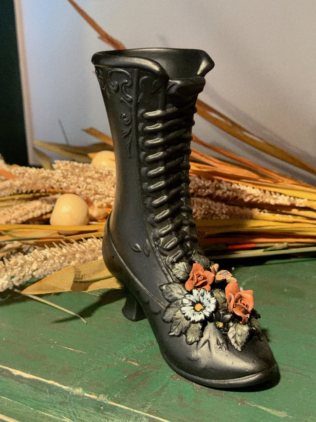 Tall Black Ceramic Lace-Up Boot Vase with Roses and Daisy