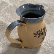 Hand-Thrown Stoneware Pitcher | Cobalt Blue Folk Botanical | Ruffled Rim | American Studio Pottery | Buff Clay | Signed | 1970s–1990s Craft Revival
