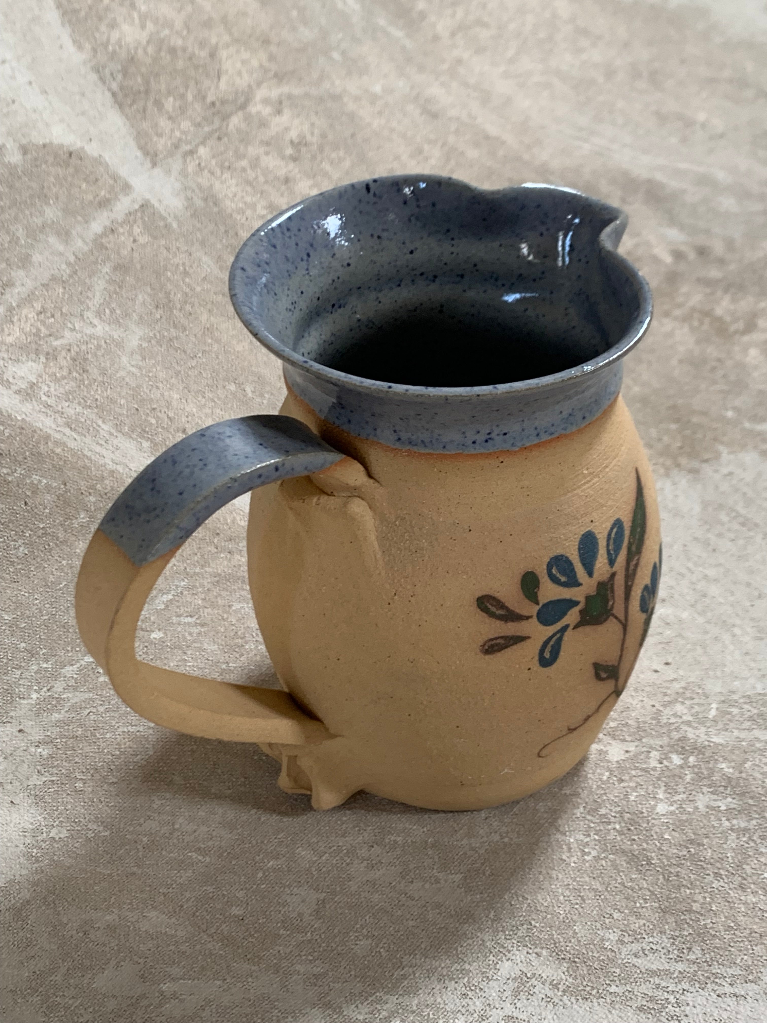 Hand-Thrown Stoneware Pitcher | Cobalt Blue Folk Botanical | Ruffled Rim | American Studio Pottery | Buff Clay | Signed | 1970s–1990s Craft Revival