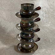 Set of Four French Silver-Plated Bouillon Cups with Wooden Handles and Saucers