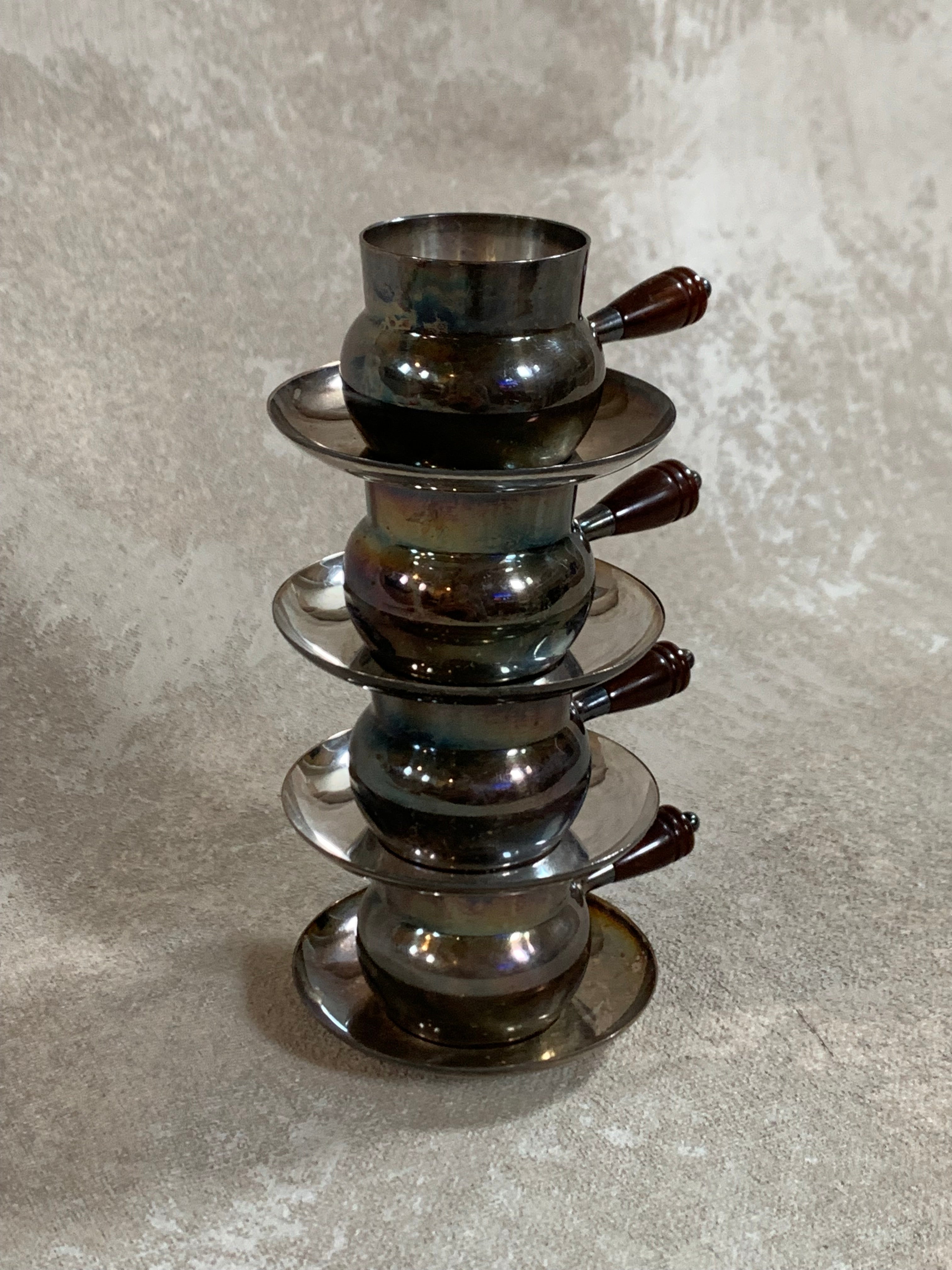 Set of Four French Silver-Plated Bouillon Cups with Wooden Handles and Saucers