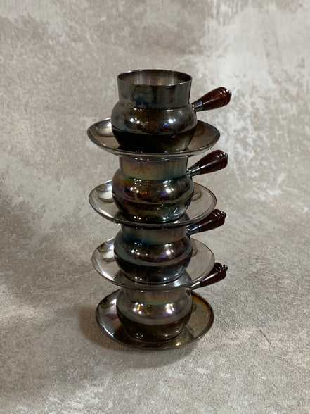 Set of Four French Silver-Plated Bouillon Cups with Wooden Handles and Saucers