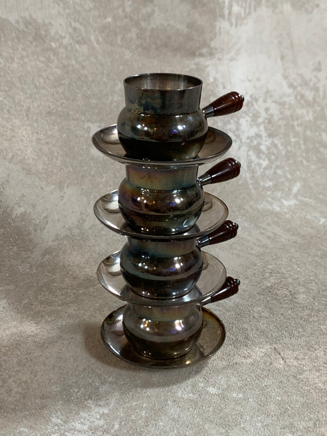 Set of Four French Silver-Plated Bouillon Cups with Wooden Handles and Saucers