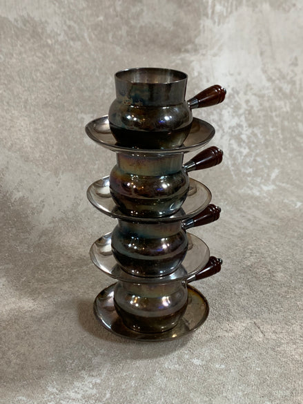 Set of Four French Silver-Plated Bouillon Cups with Wooden Handles and Saucers