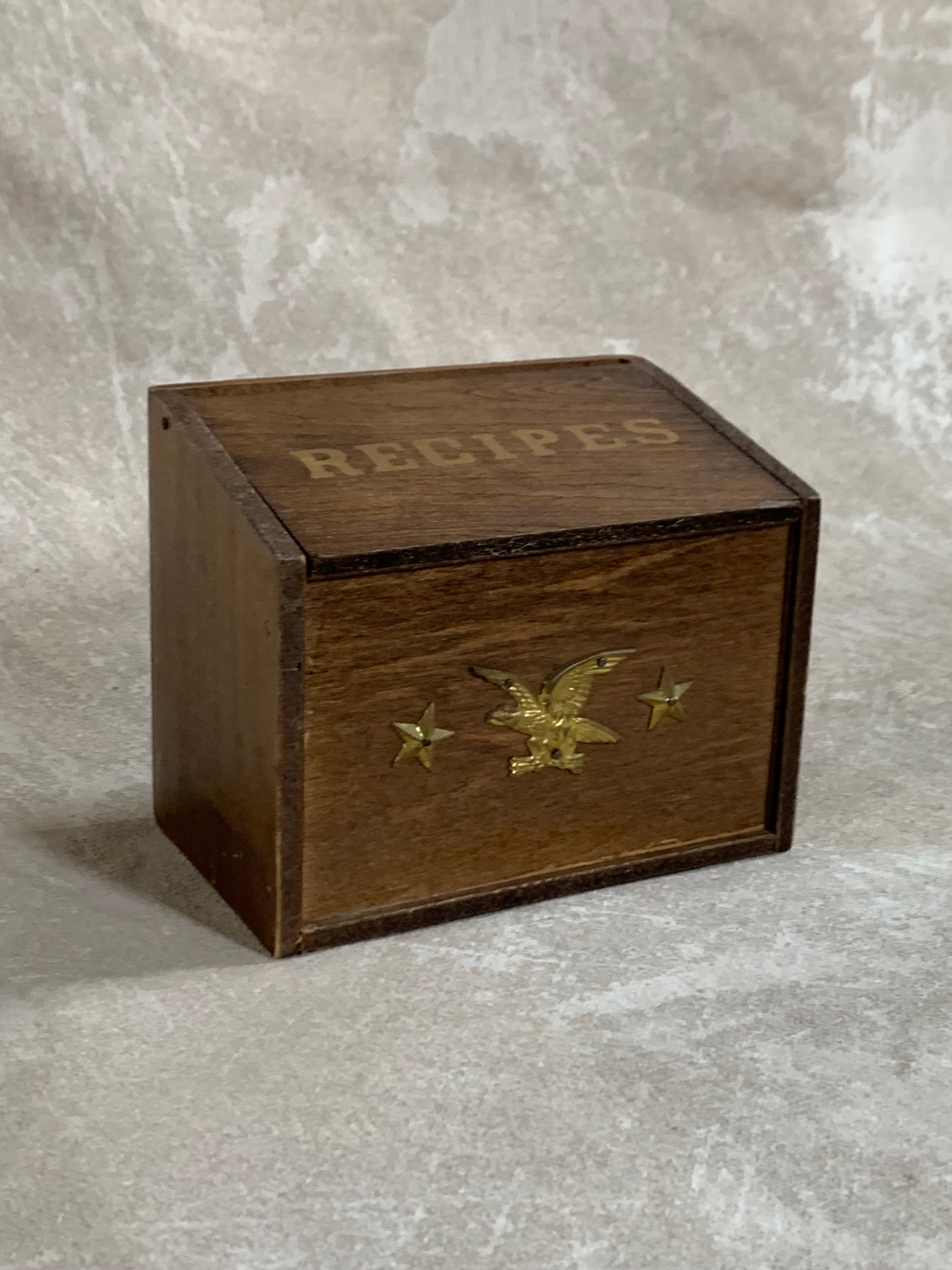 Vintage Japanese Export Wood Recipe Box | Patriotic Eagle & Stars | Gold Lettering | Made in Japan | 1950s–1960s | Mid-Century Kitchen