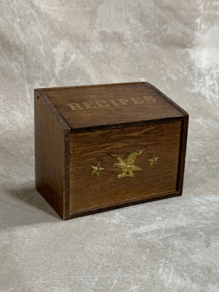 Vintage Japanese Export Wood Recipe Box | Patriotic Eagle & Stars | Gold Lettering | Made in Japan | 1950s–1960s | Mid-Century Kitchen