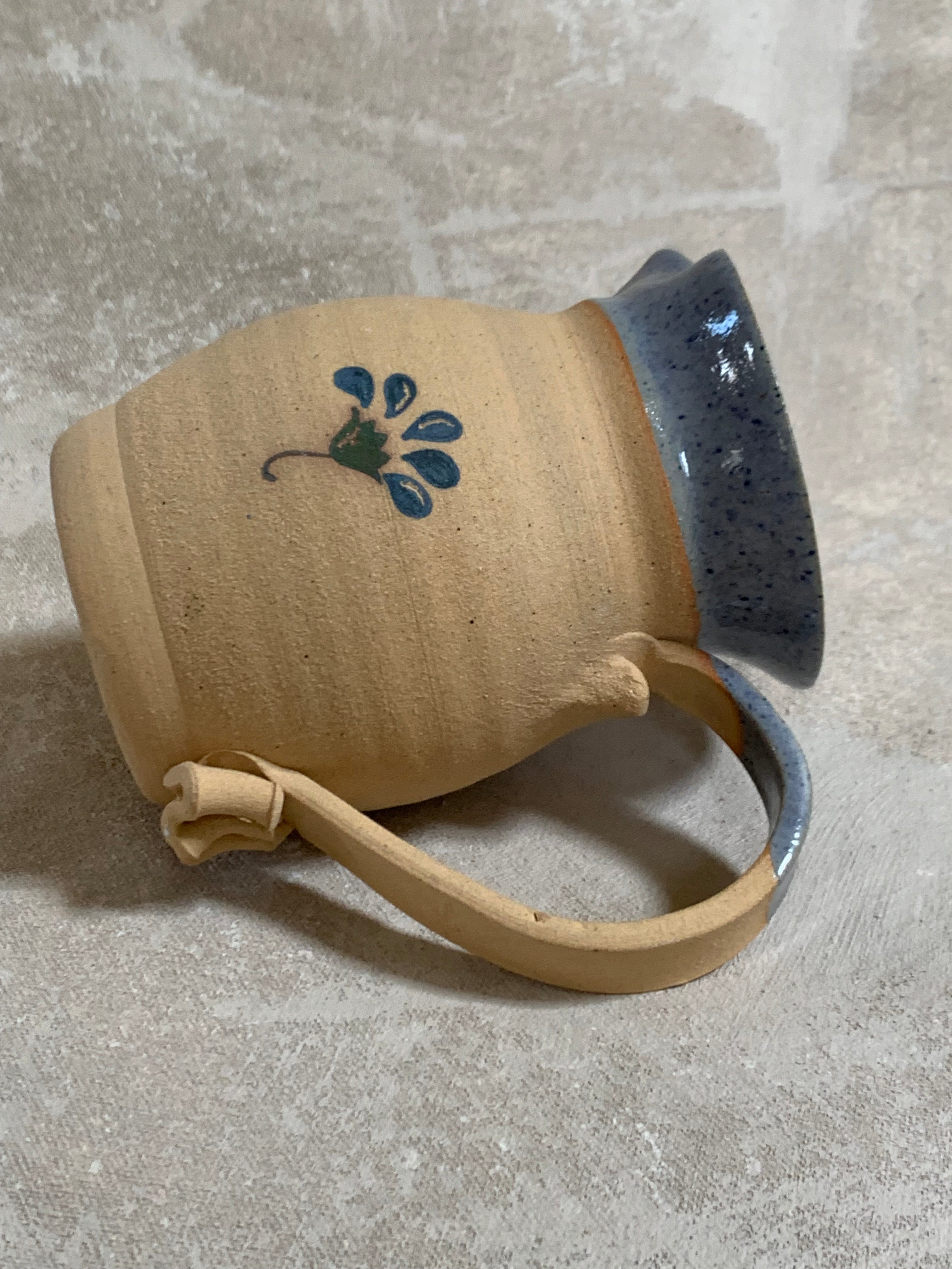 Hand-Thrown Stoneware Pitcher | Cobalt Blue Folk Botanical | Ruffled Rim | American Studio Pottery | Buff Clay | Signed | 1970s–1990s Craft Revival