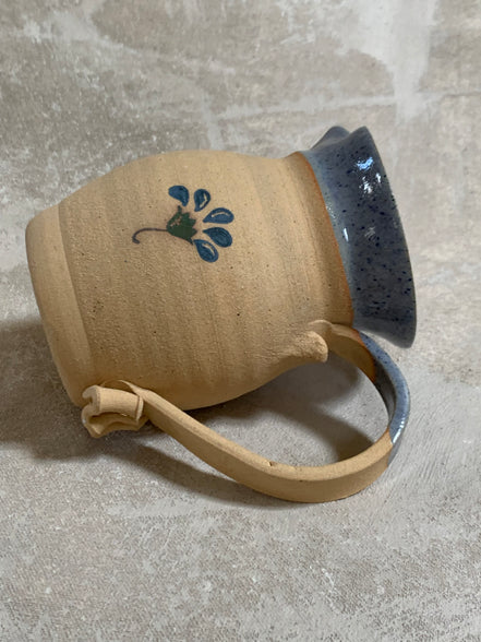 Hand-Thrown Stoneware Pitcher | Cobalt Blue Folk Botanical | Ruffled Rim | American Studio Pottery | Buff Clay | Signed | 1970s–1990s Craft Revival