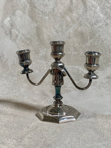 Three S-curve arms of silver plate candelabra with cup bobeches — dining table centerpiece