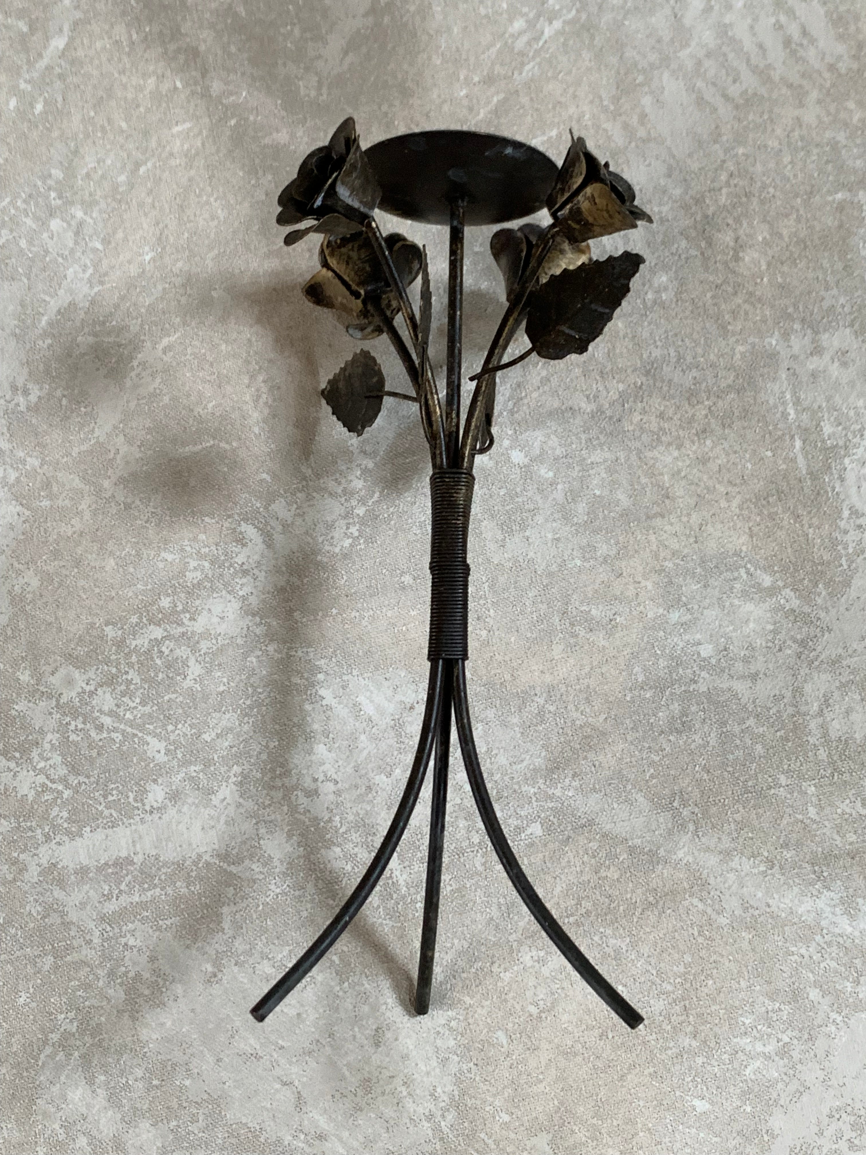 Hand-Fabricated Iron Rose Candleholder | Pillar Candle Spike | Tripod Bouquet Base | Wire-Wrapped Stem | Dark Patina | Folk Metalwork | Romantic Gothic Decor