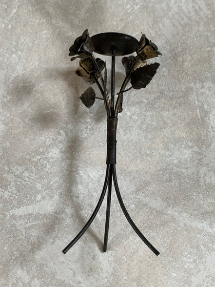Hand-Fabricated Iron Rose Candleholder | Pillar Candle Spike | Tripod Bouquet Base | Wire-Wrapped Stem | Dark Patina | Folk Metalwork | Romantic Gothic Decor