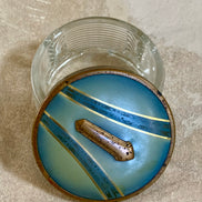 Powder blue enamel lid with gold stripe detail on Art Deco powder jar — Gilded Estate