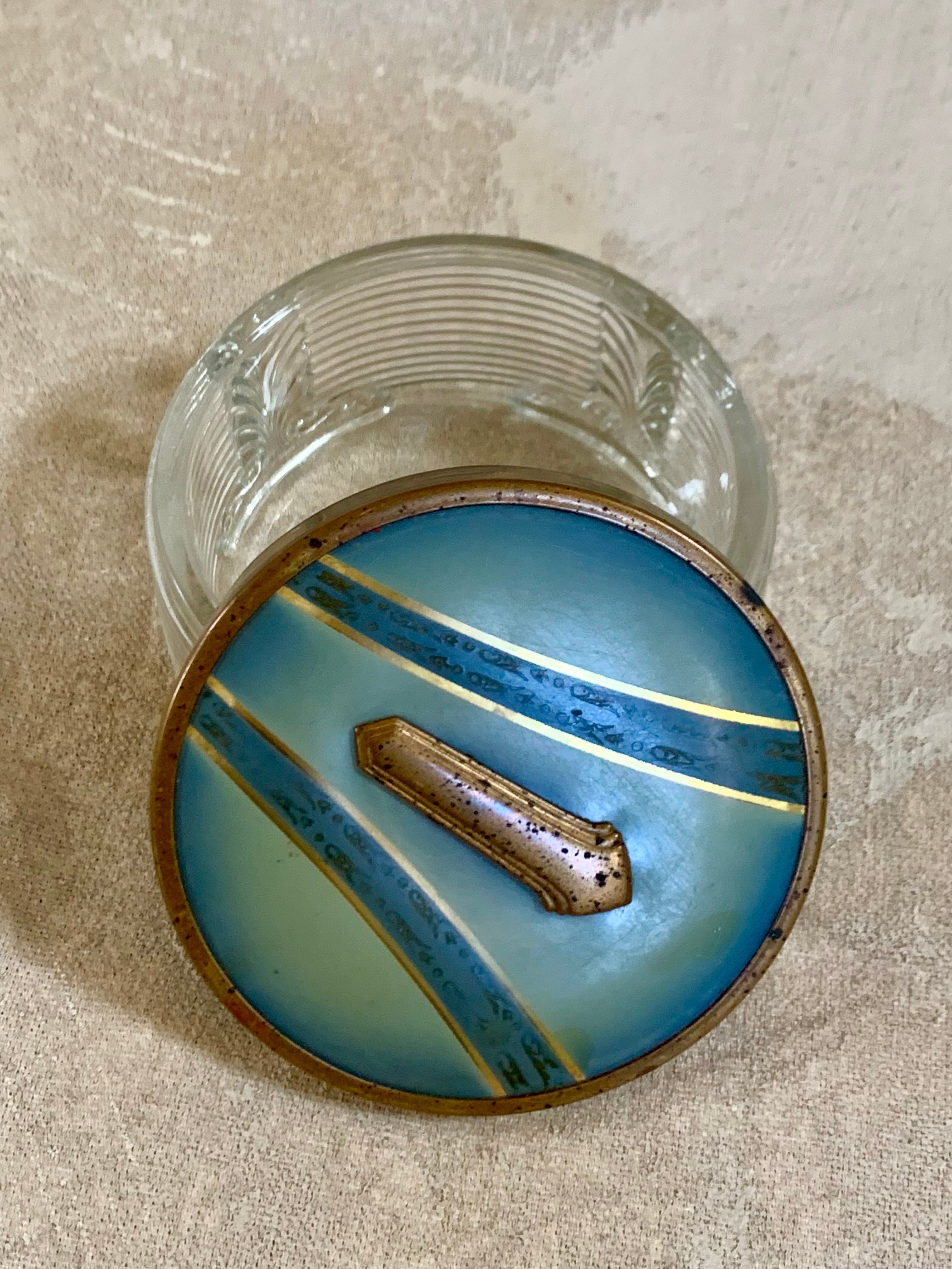 Powder blue enamel lid with gold stripe detail on Art Deco powder jar — Gilded Estate